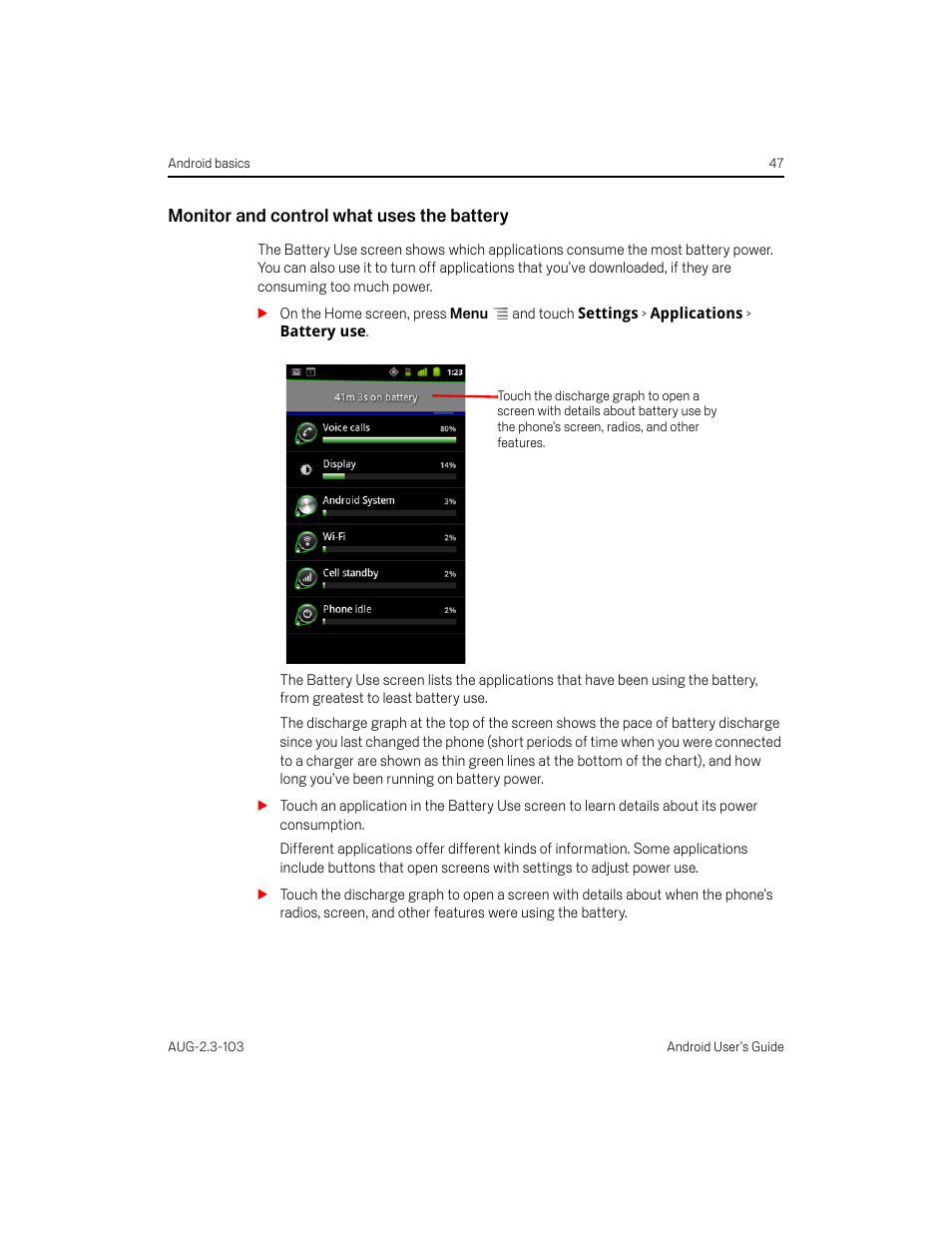 Monitor and control what uses the battery | Samsung Android 2.3 User Manual | Page 47 / 380