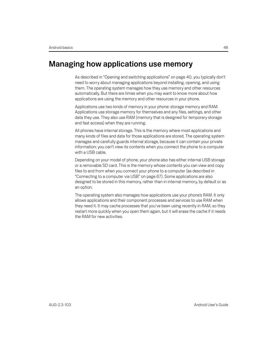 Managing how applications use memory, Managing how applications use memory 48 | Samsung Android 2.3 User Manual | Page 48 / 380