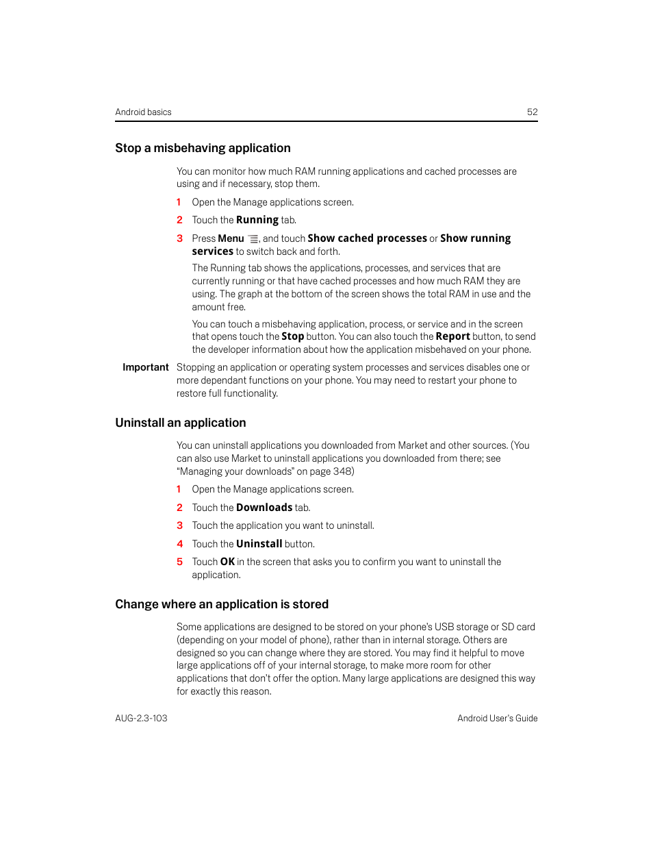 Stop a misbehaving application, Uninstall an application, Change where an application is stored | Samsung Android 2.3 User Manual | Page 52 / 380