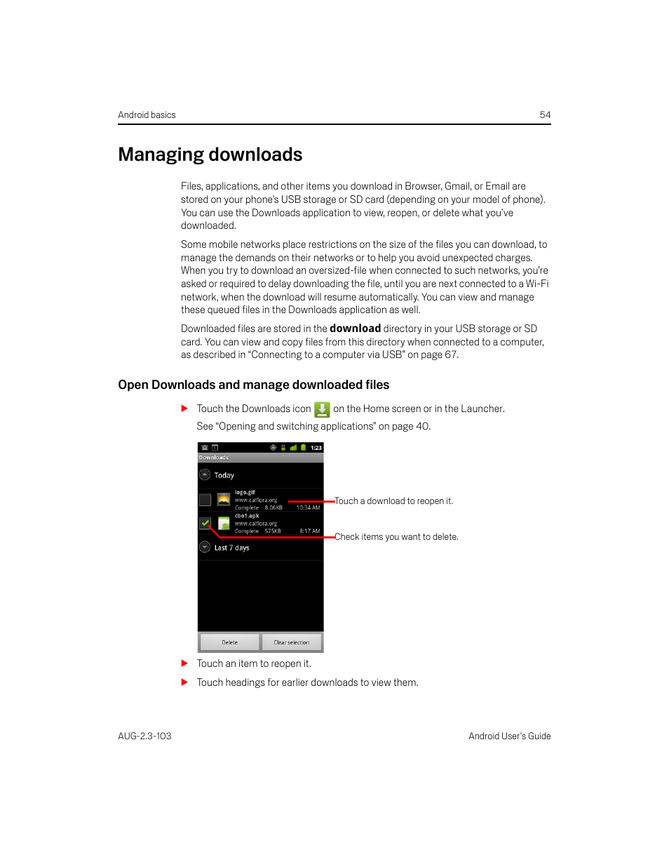 Managing downloads, Open downloads and manage downloaded files, Managing downloads 54 | Samsung Android 2.3 User Manual | Page 54 / 380