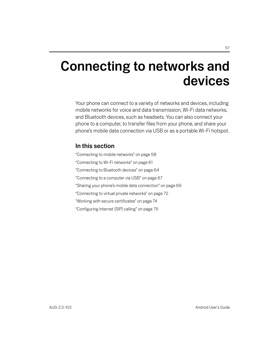 Connecting to networks and devices, Connecting to networks and devices 57 | Samsung Android 2.3 User Manual | Page 57 / 380