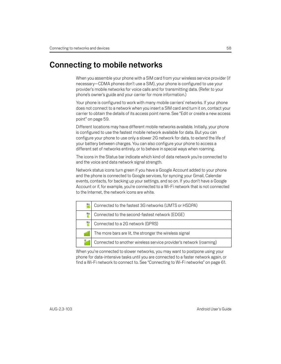 Connecting to mobile networks, Connecting to mobile networks 58 | Samsung Android 2.3 User Manual | Page 58 / 380