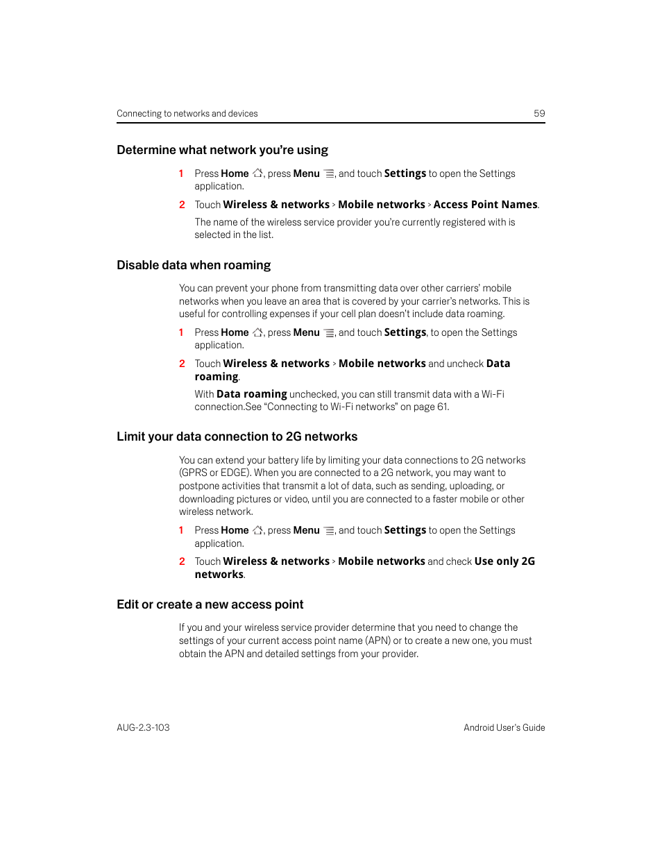 Determine what network you’re using, Disable data when roaming, Limit your data connection to 2g networks | Edit or create a new access point | Samsung Android 2.3 User Manual | Page 59 / 380