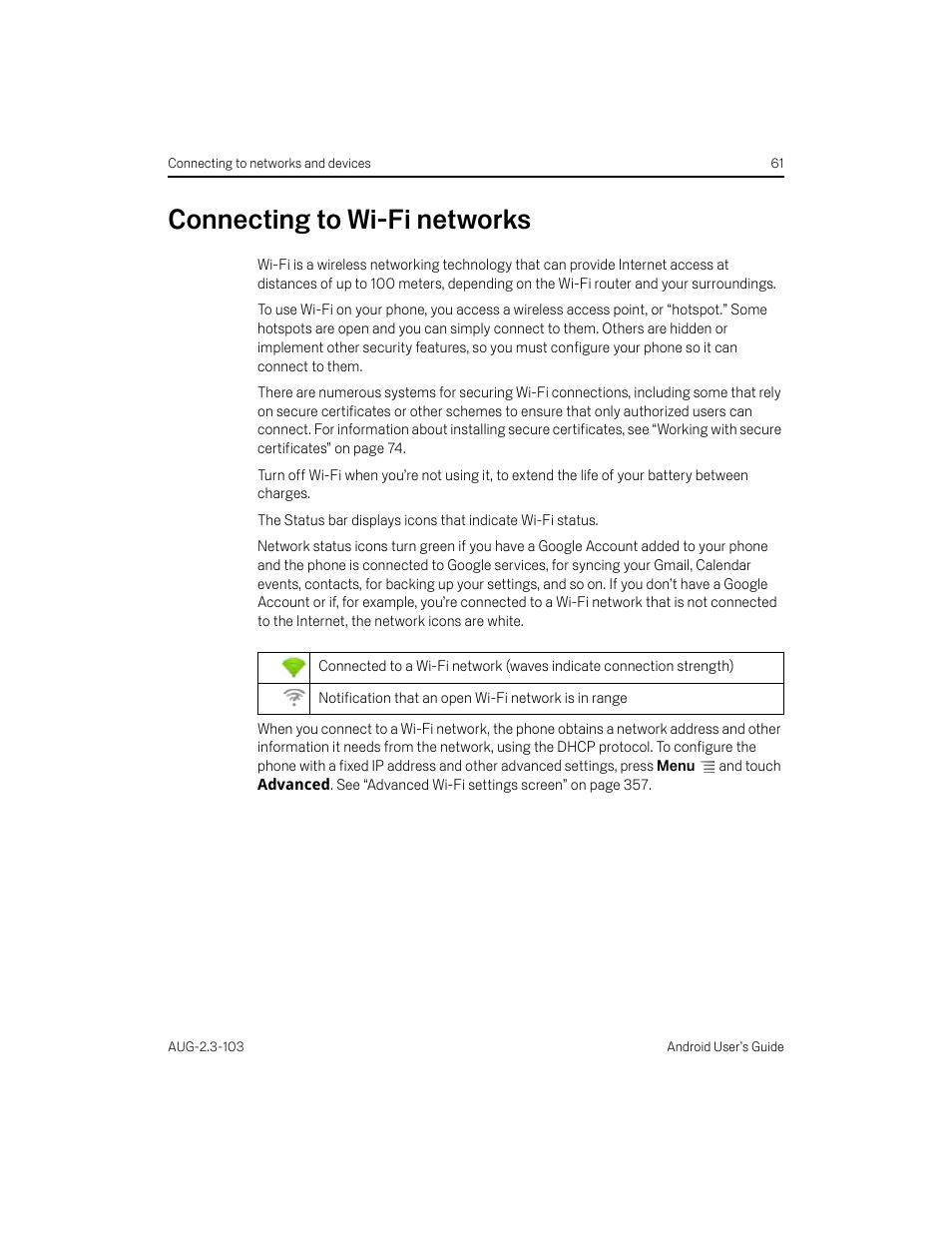 Connecting to wi-fi networks, Connecting to wi-fi networks 61 | Samsung Android 2.3 User Manual | Page 61 / 380
