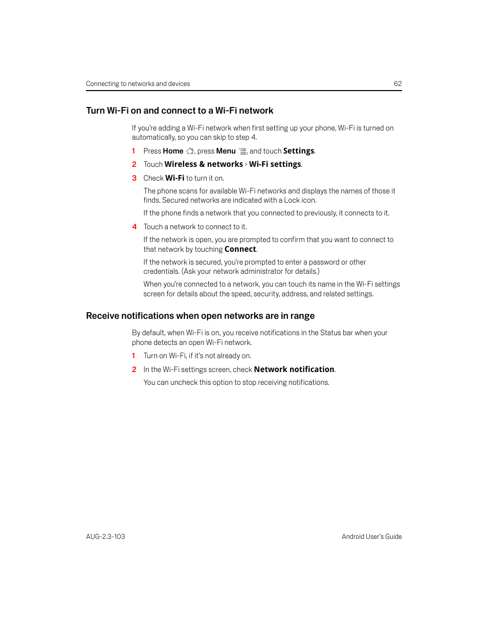 Turn wi-fi on and connect to a wi-fi network | Samsung Android 2.3 User Manual | Page 62 / 380