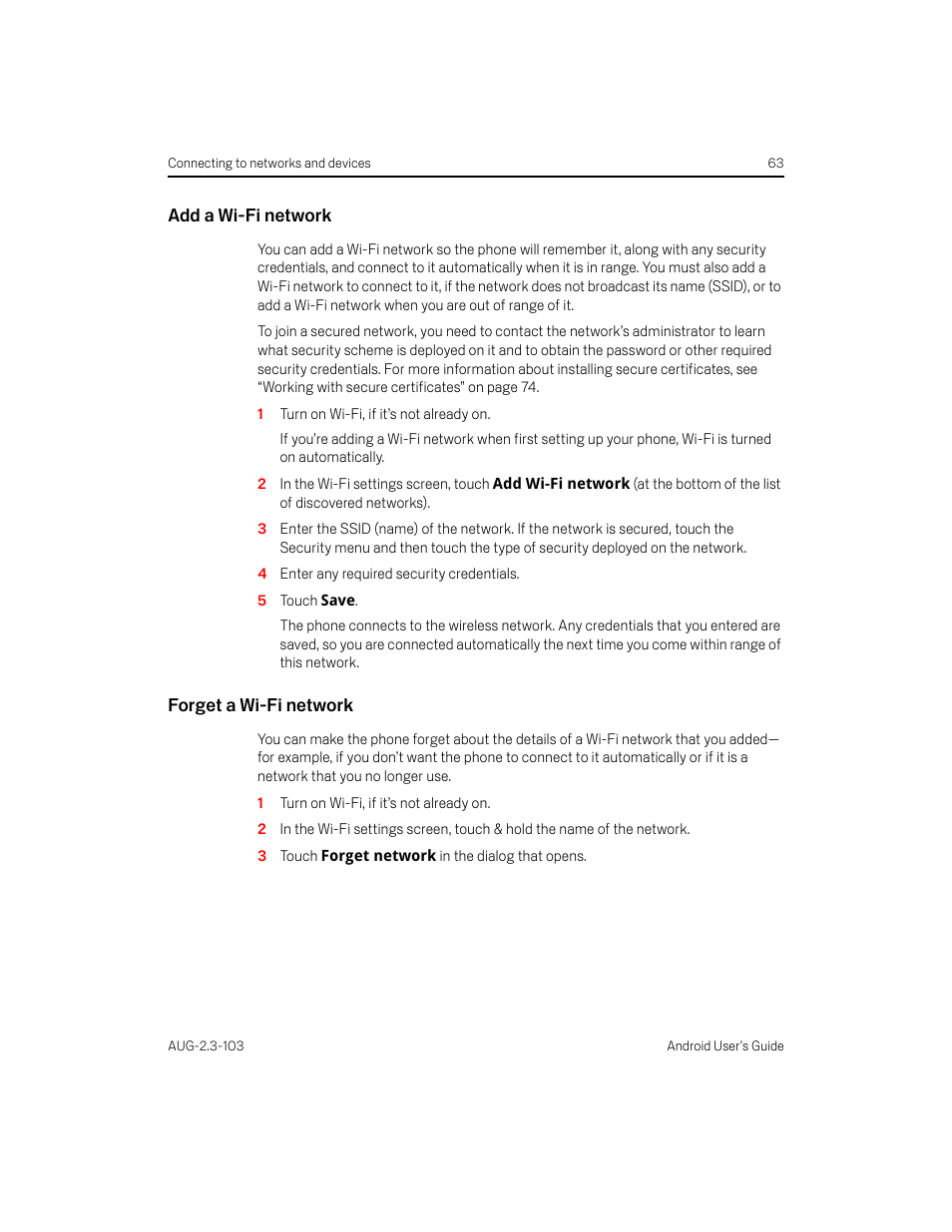 Add a wi-fi network, Forget a wi-fi network | Samsung Android 2.3 User Manual | Page 63 / 380