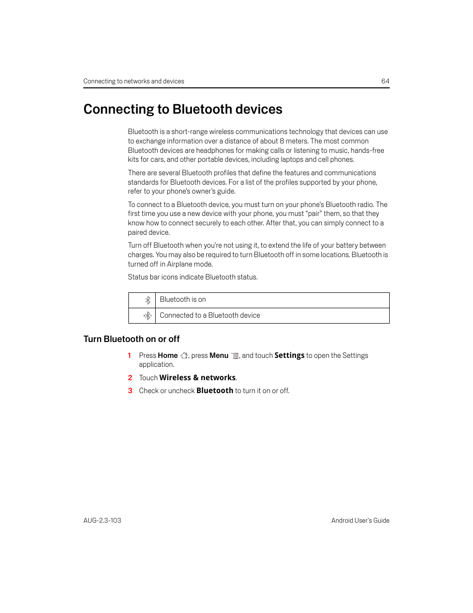 Connecting to bluetooth devices, Turn bluetooth on or off, Connecting to bluetooth devices 64 | Samsung Android 2.3 User Manual | Page 64 / 380