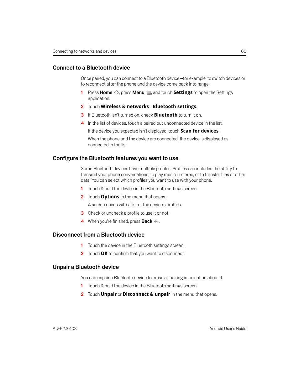 Connect to a bluetooth device, Configure the bluetooth features you want to use, Disconnect from a bluetooth device | Unpair a bluetooth device | Samsung Android 2.3 User Manual | Page 66 / 380