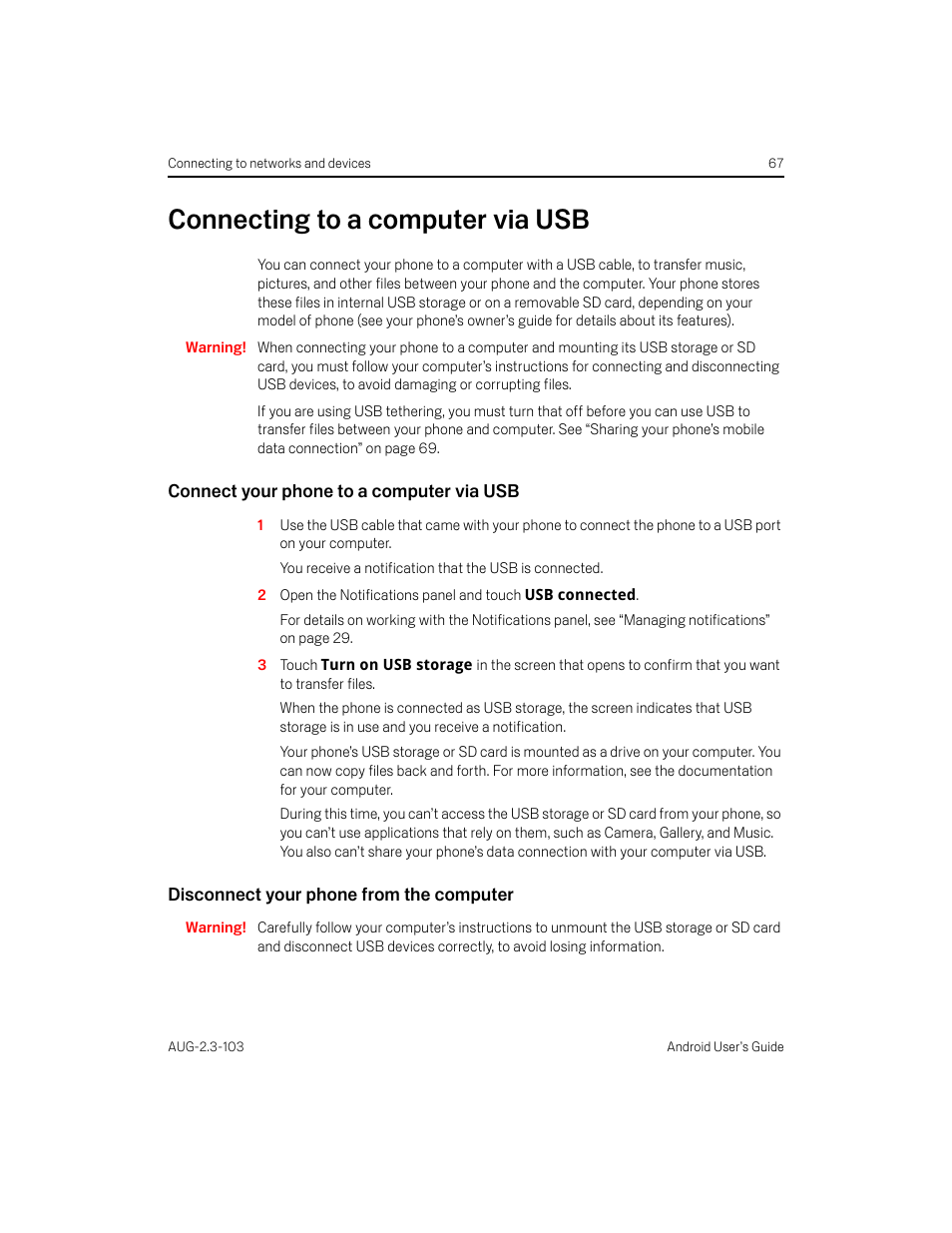 Connecting to a computer via usb, Connect your phone to a computer via usb, Disconnect your phone from the computer | Connecting to a computer via usb 67 | Samsung Android 2.3 User Manual | Page 67 / 380