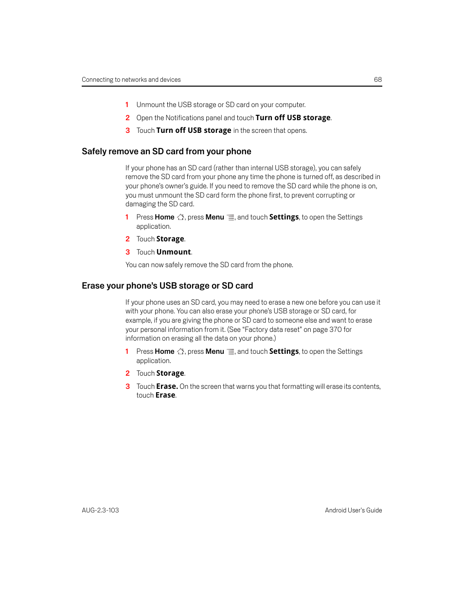 Safely remove an sd card from your phone, Erase your phone’s usb storage or sd card | Samsung Android 2.3 User Manual | Page 68 / 380