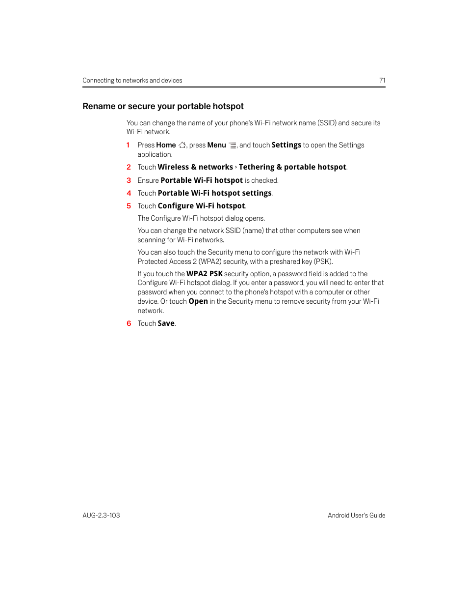 Rename or secure your portable hotspot | Samsung Android 2.3 User Manual | Page 71 / 380