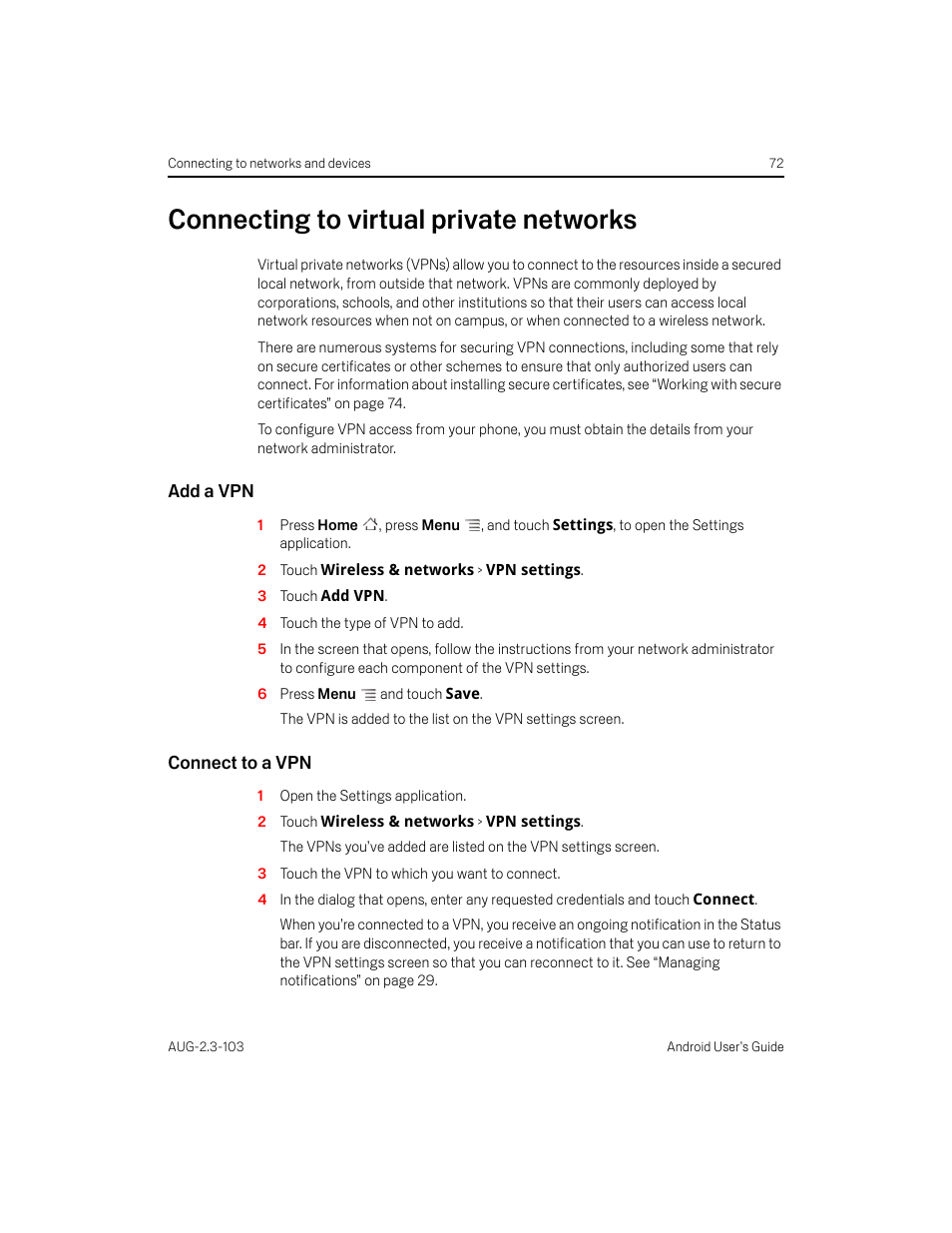 Connecting to virtual private networks, Add a vpn, Connect to a vpn | Connecting to virtual private networks 72 | Samsung Android 2.3 User Manual | Page 72 / 380