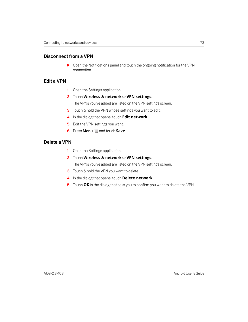 Disconnect from a vpn, Edit a vpn, Delete a vpn | Samsung Android 2.3 User Manual | Page 73 / 380