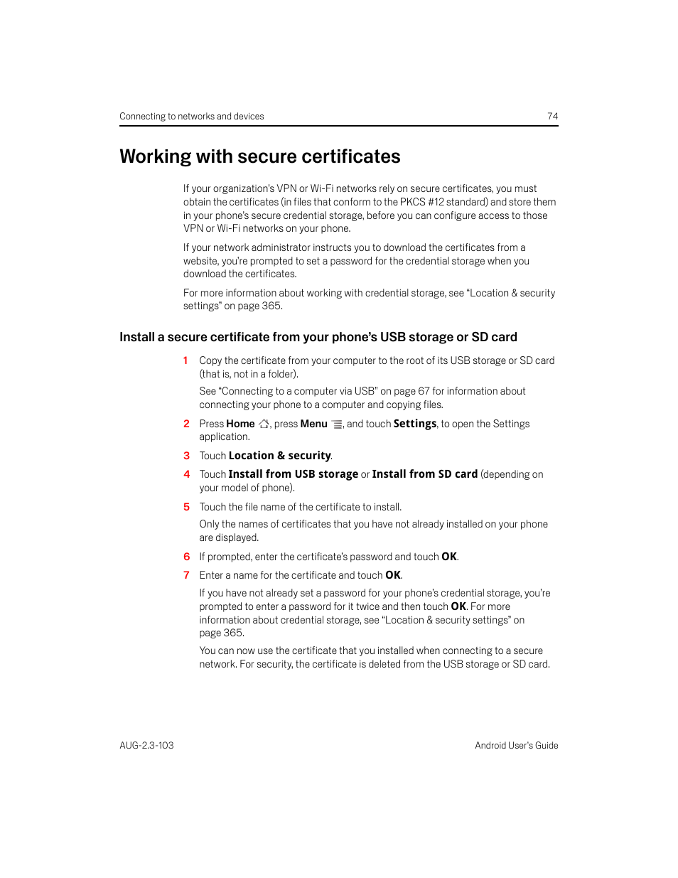 Working with secure certificates, Working with secure certificates 74 | Samsung Android 2.3 User Manual | Page 74 / 380