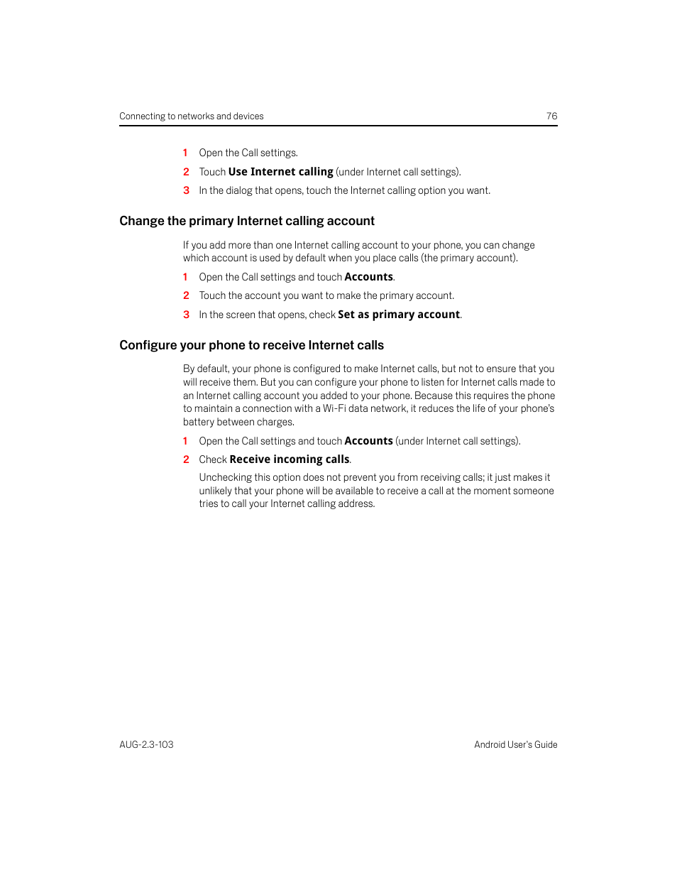 Change the primary internet calling account, Configure your phone to receive internet calls | Samsung Android 2.3 User Manual | Page 76 / 380