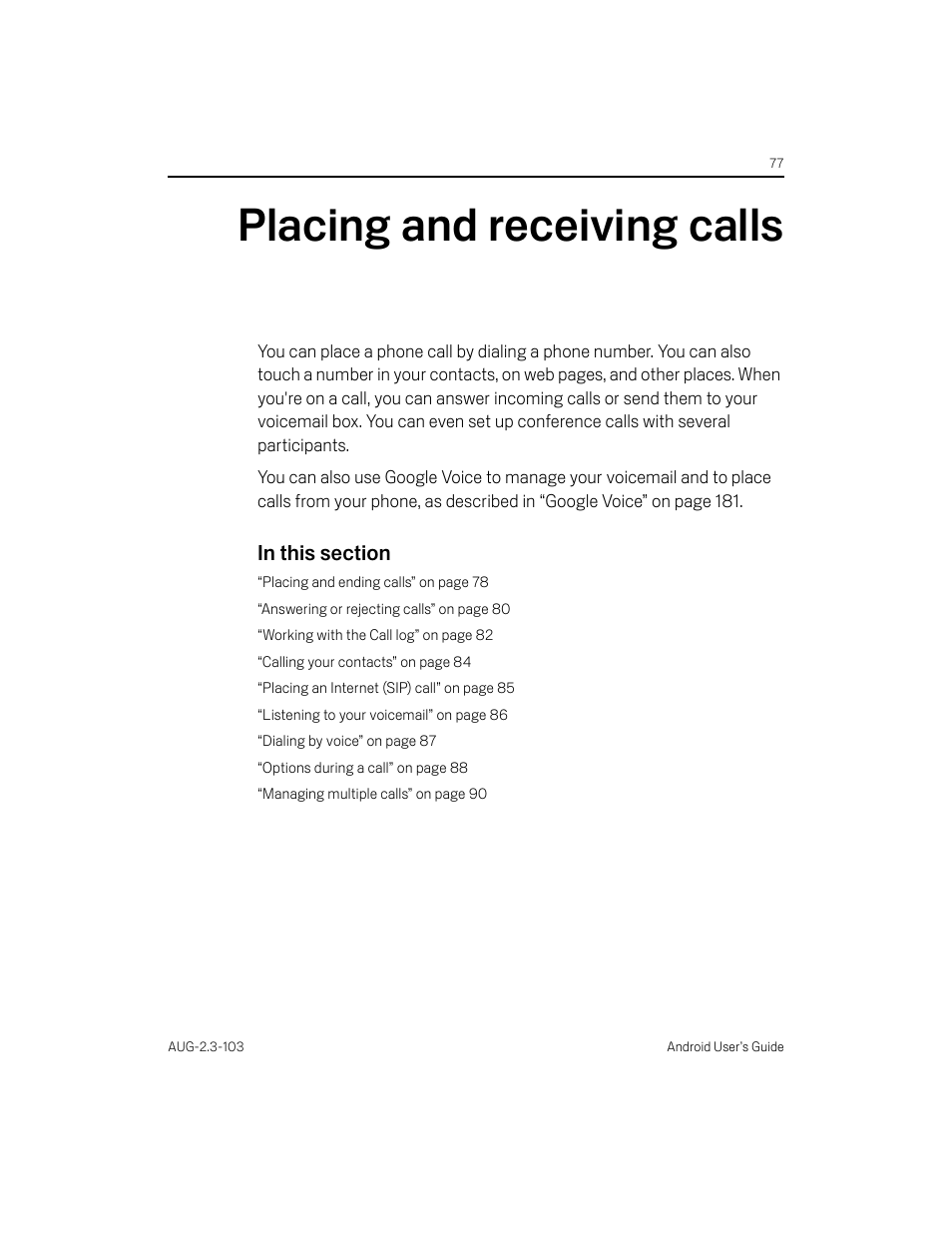 Placing and receiving calls, Placing and receiving calls 77 | Samsung Android 2.3 User Manual | Page 77 / 380
