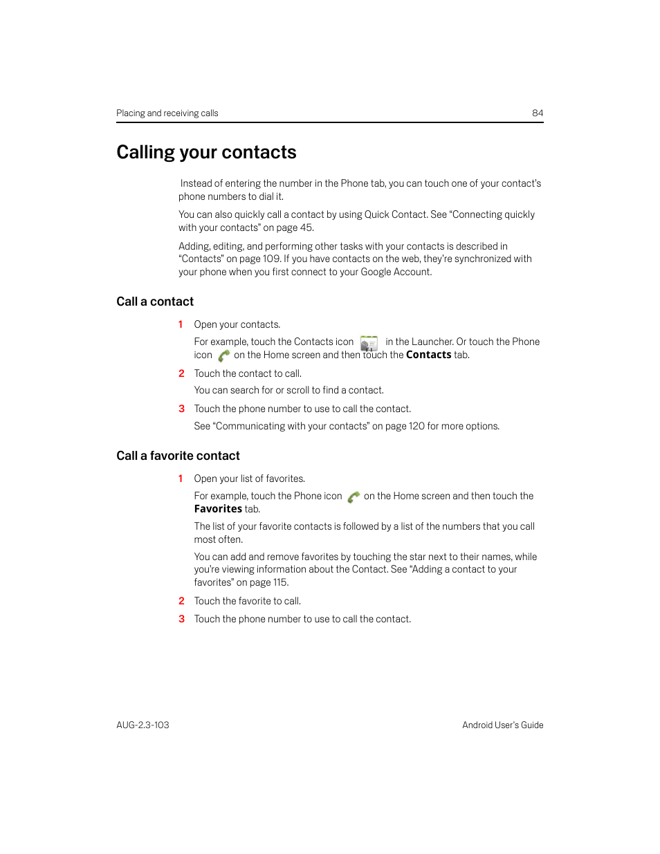 Calling your contacts, Call a contact, Call a favorite contact | Calling your contacts 84 | Samsung Android 2.3 User Manual | Page 84 / 380