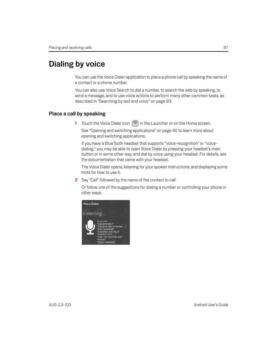 Dialing by voice, Place a call by speaking, Dialing by voice 87 | Samsung Android 2.3 User Manual | Page 87 / 380