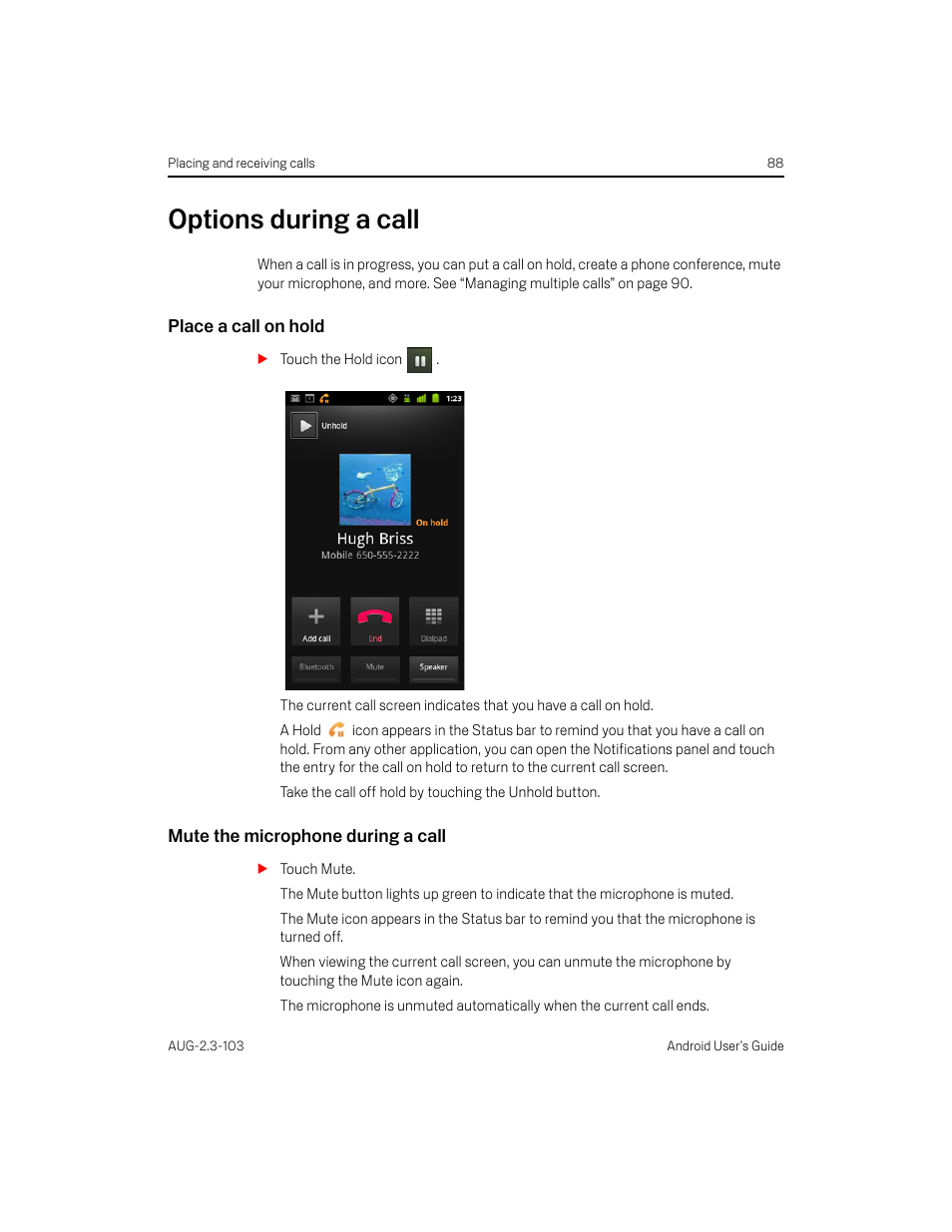 Options during a call, Place a call on hold, Mute the microphone during a call | Options during a call 88 | Samsung Android 2.3 User Manual | Page 88 / 380