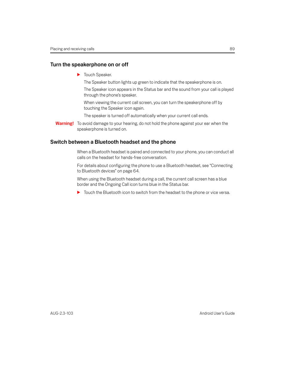 Turn the speakerphone on or off, Switch between a bluetooth headset and the phone | Samsung Android 2.3 User Manual | Page 89 / 380