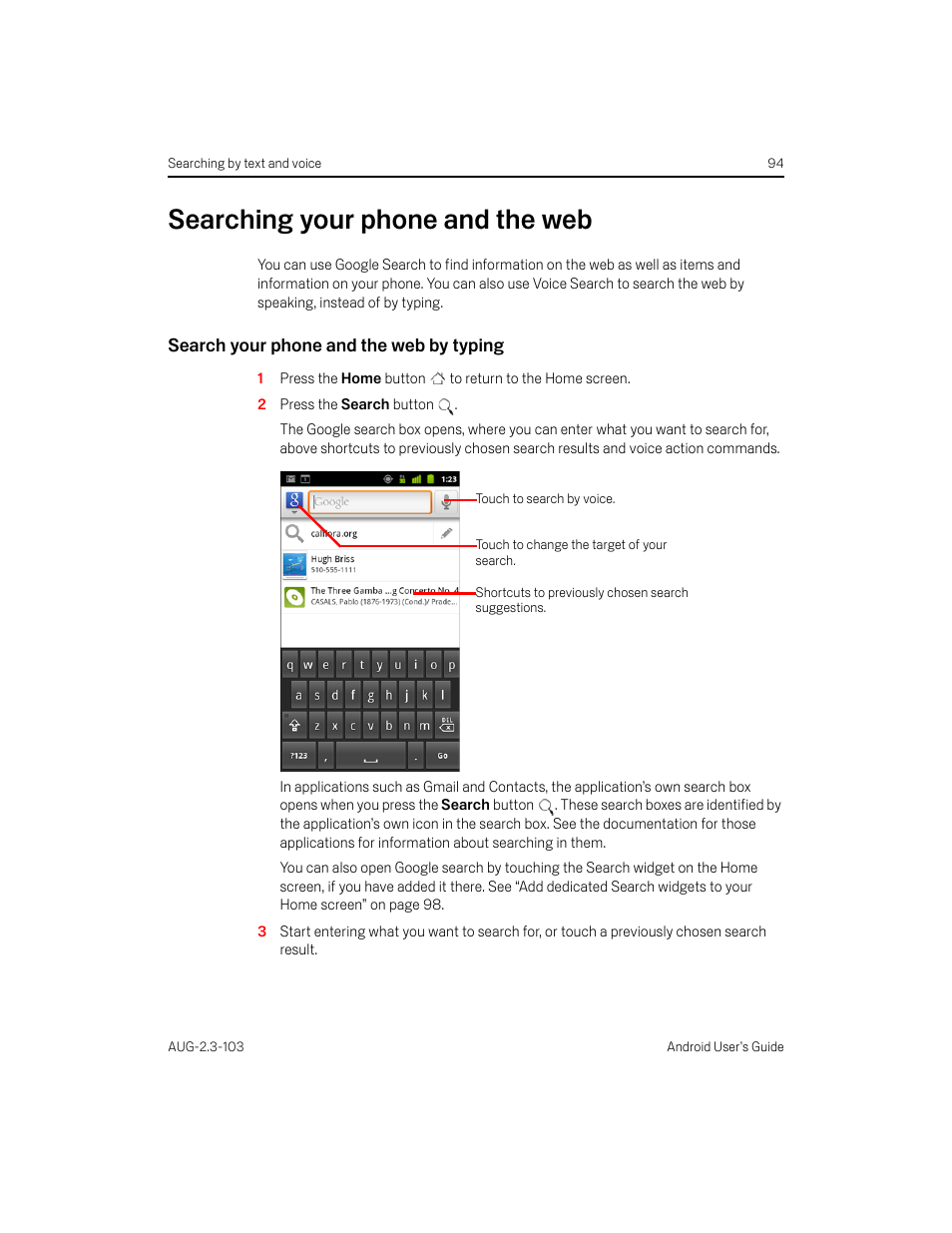 Searching your phone and the web, Search your phone and the web by typing, Searching your phone and the web 94 | Samsung Android 2.3 User Manual | Page 94 / 380