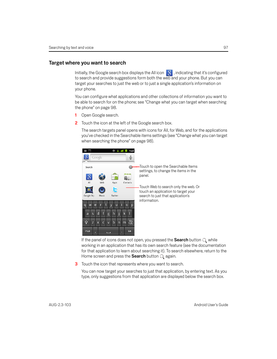 Target where you want to search | Samsung Android 2.3 User Manual | Page 97 / 380