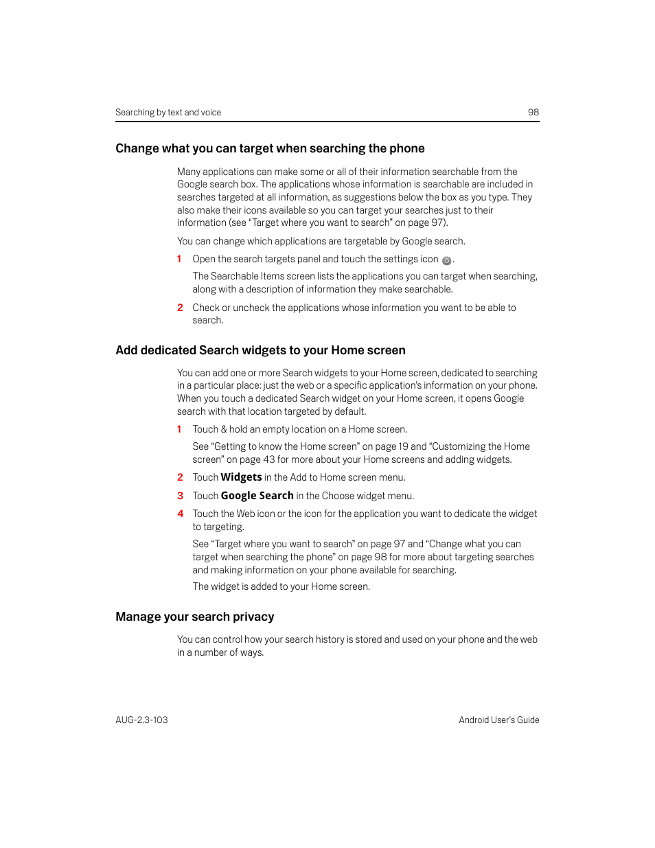 Add dedicated search widgets to your home screen, Manage your search privacy | Samsung Android 2.3 User Manual | Page 98 / 380