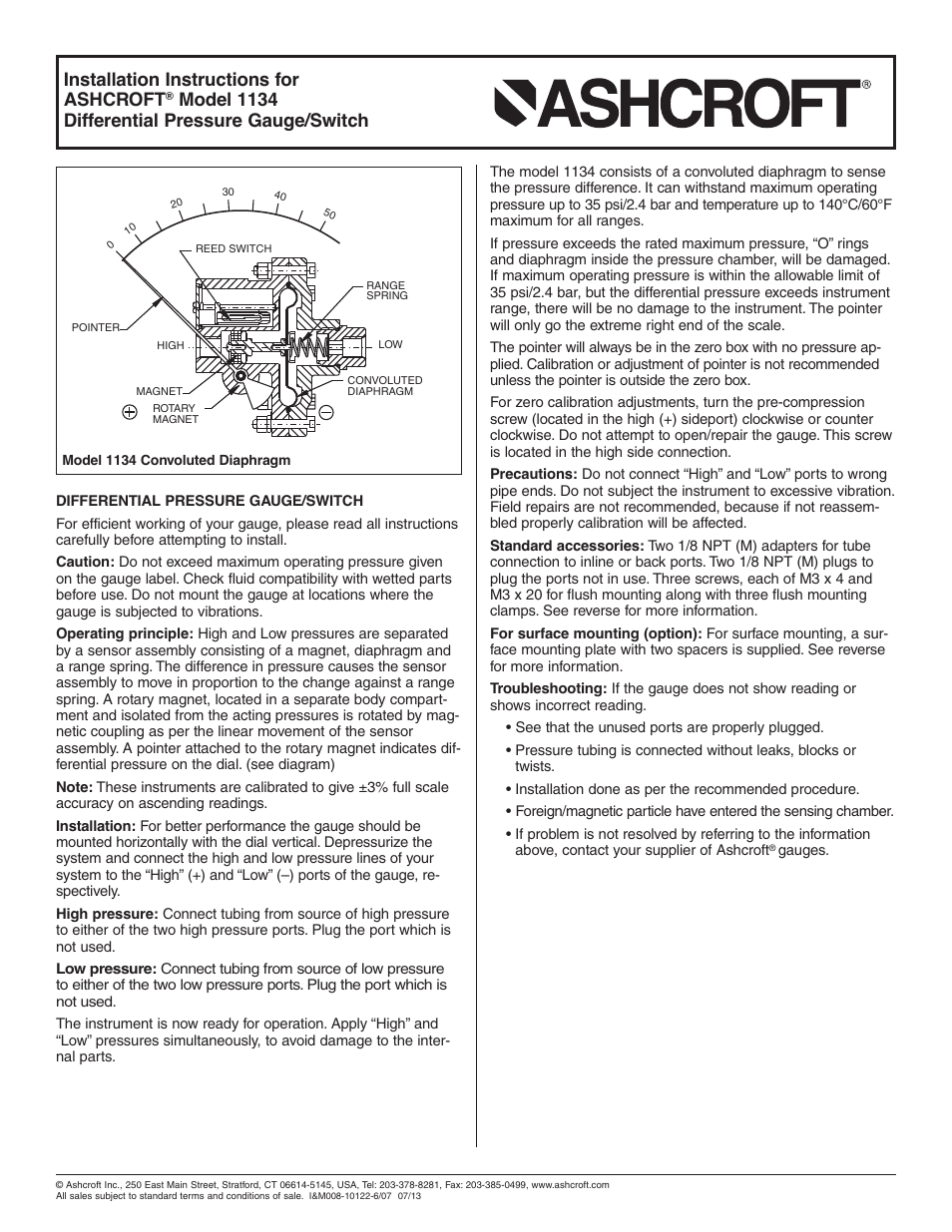 Ashcroft 1134 - Differential Pressure Gauge User Manual | 2 pages