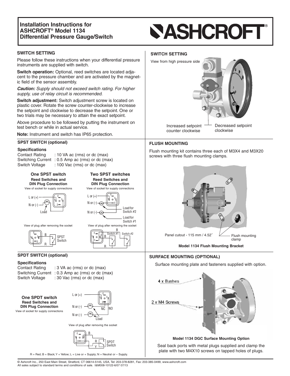 Installation instructions for ashcroft, Model 1134 differential pressure gauge/switch | Ashcroft 1134 - Differential Pressure Gauge User Manual | Page 2 / 2