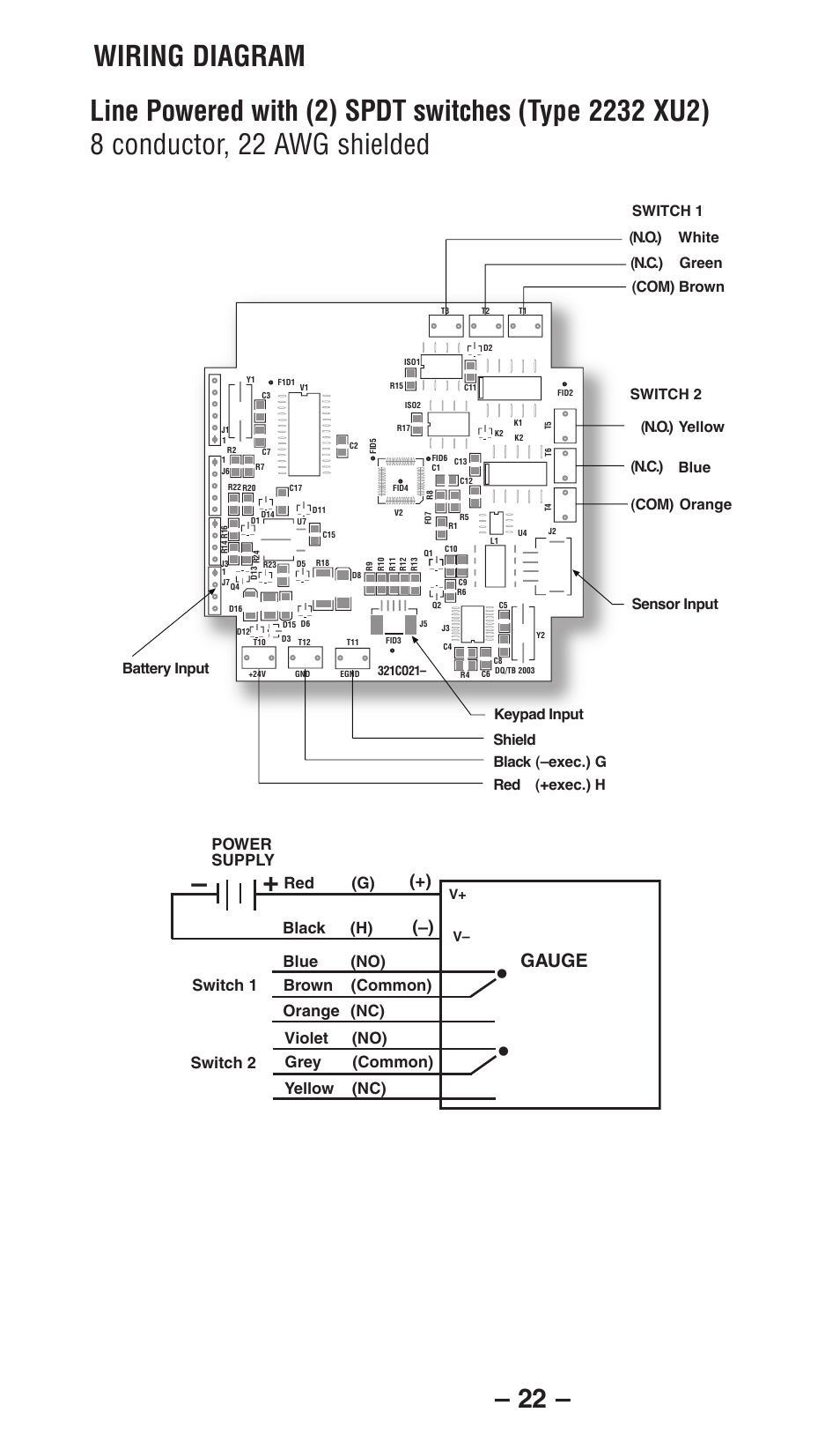 Wiring diagram, Gauge, Power supply | Red (g) black (h) switch 1 switch 2, Blue (no) orange (nc) brown (common), Violet (no) yellow (nc) grey (common) | Ashcroft 2236 - Digital Sanitary Pressure Gauge User Manual | Page 22 / 32