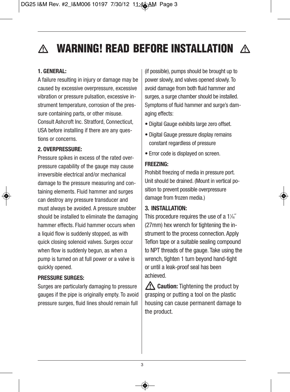 Warning! read before installation | Ashcroft DG25 General Purpose Digital Gauge User Manual | Page 3 / 16