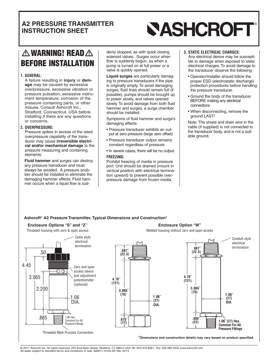 Ashcroft A2 - Heavy industrial pressure transmitter User Manual | 4 pages