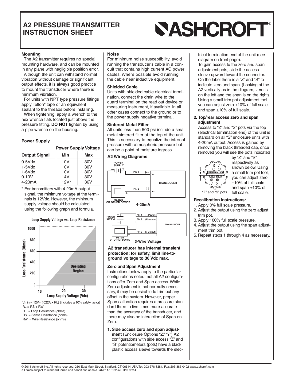A2 pressure transmitter instruction sheet | Ashcroft A2 - Heavy industrial pressure transmitter User Manual | Page 2 / 4