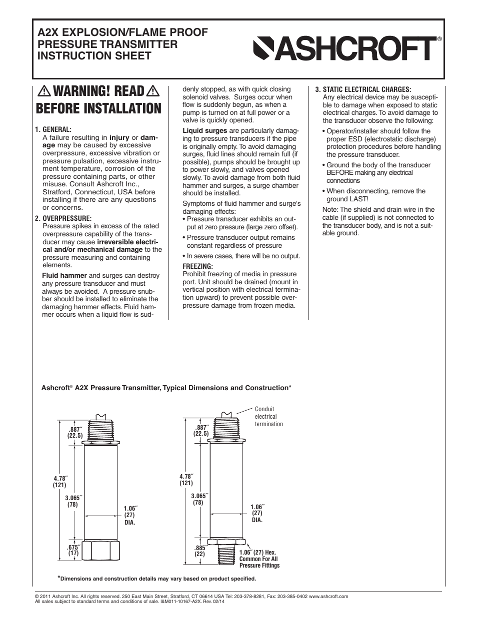 Ashcroft A2X - Pressure Transmitter User Manual | 2 pages