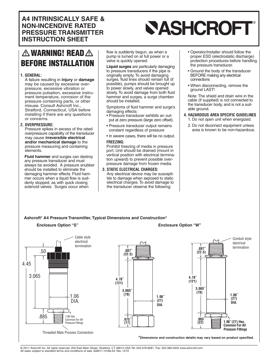 Ashcroft A4 - Pressure Transmitter User Manual | 6 pages