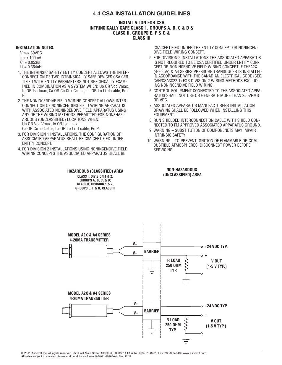 4 csa installation guidelines | Ashcroft A4 - Pressure Transmitter User Manual | Page 3 / 6