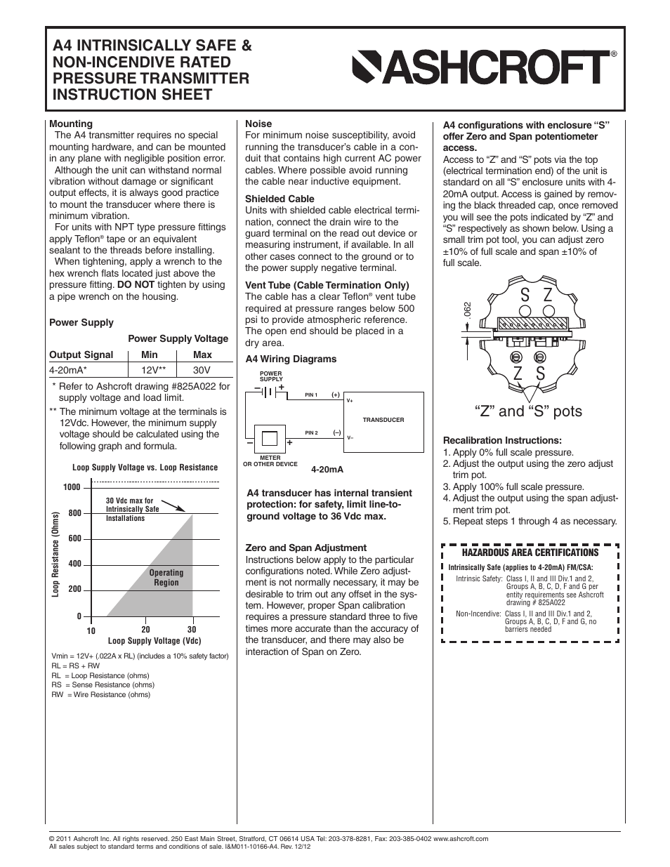 Z s z s, Z” and “s” pots | Ashcroft A4 - Pressure Transmitter User Manual | Page 4 / 6