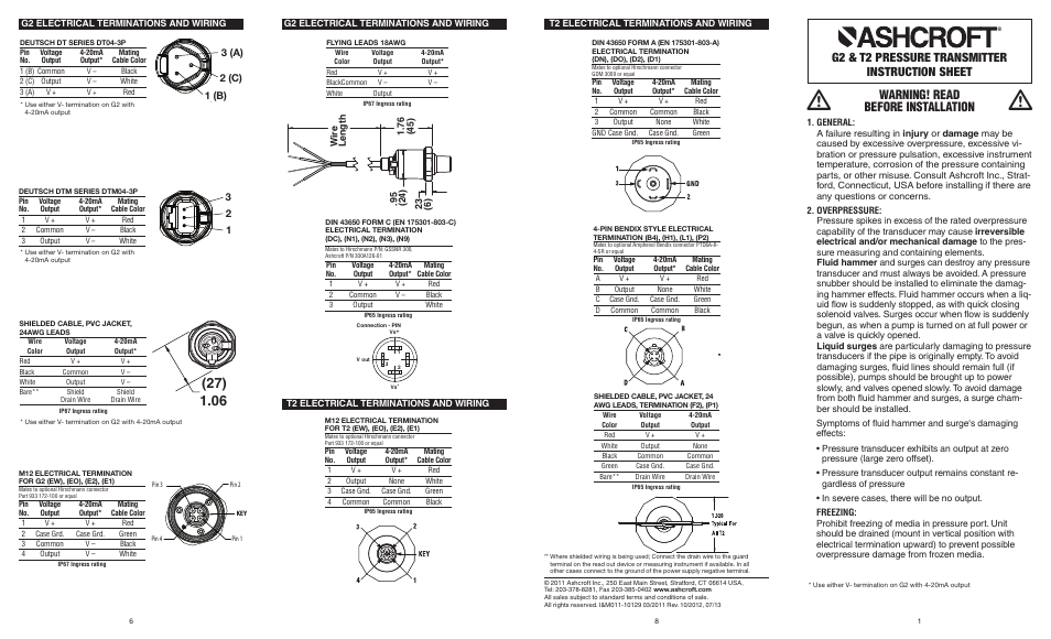 Ashcroft T2 - High Performance Pressure Transmitter User Manual | 2 pages