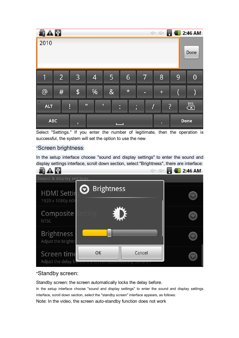 Screen brightness, Standby screen | Android MID M701 User Manual | Page 10 / 32