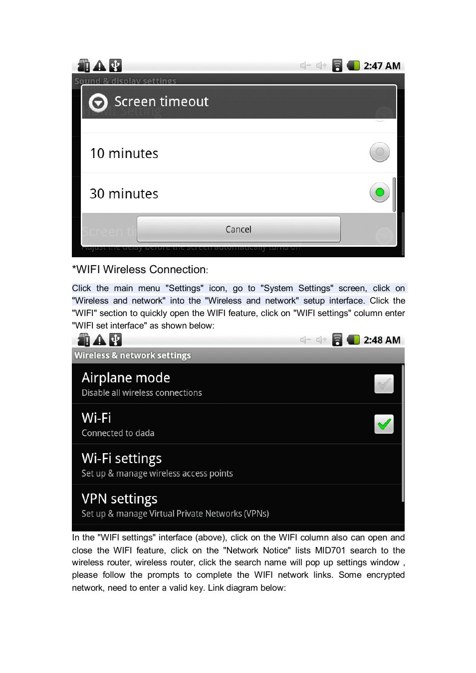 Wifi wireless connection | Android MID M701 User Manual | Page 11 / 32