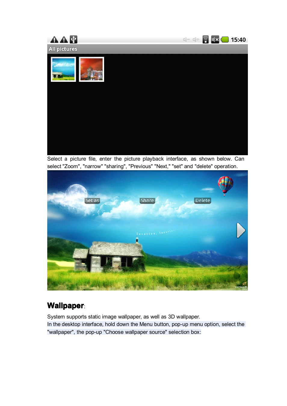 Wallpaper | Android MID M701 User Manual | Page 19 / 32