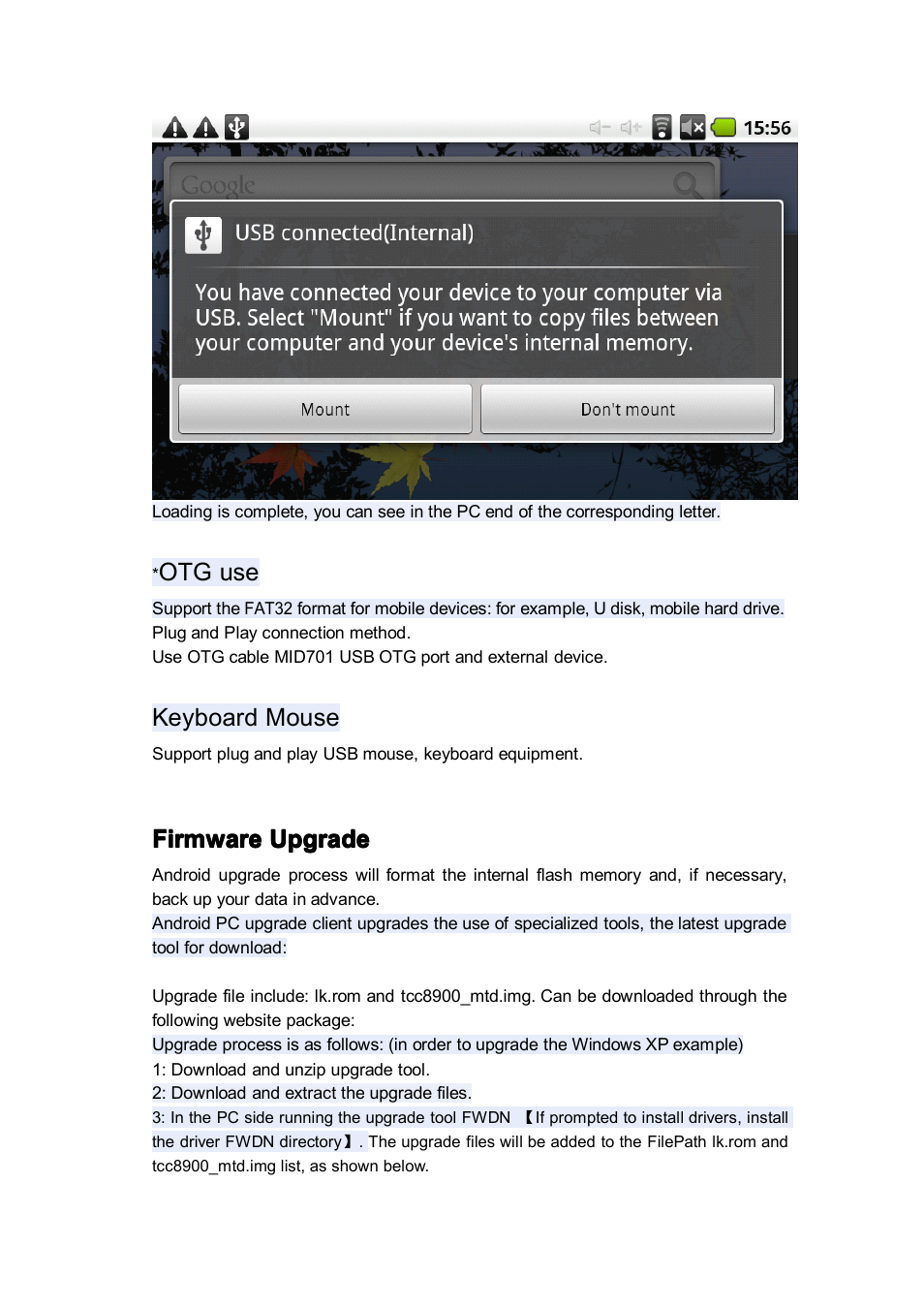Otg use, Keyboard mouse, Firmware | Firmware firmware upgrade upgrade upgrade upgrade | Android MID M701 User Manual | Page 26 / 32