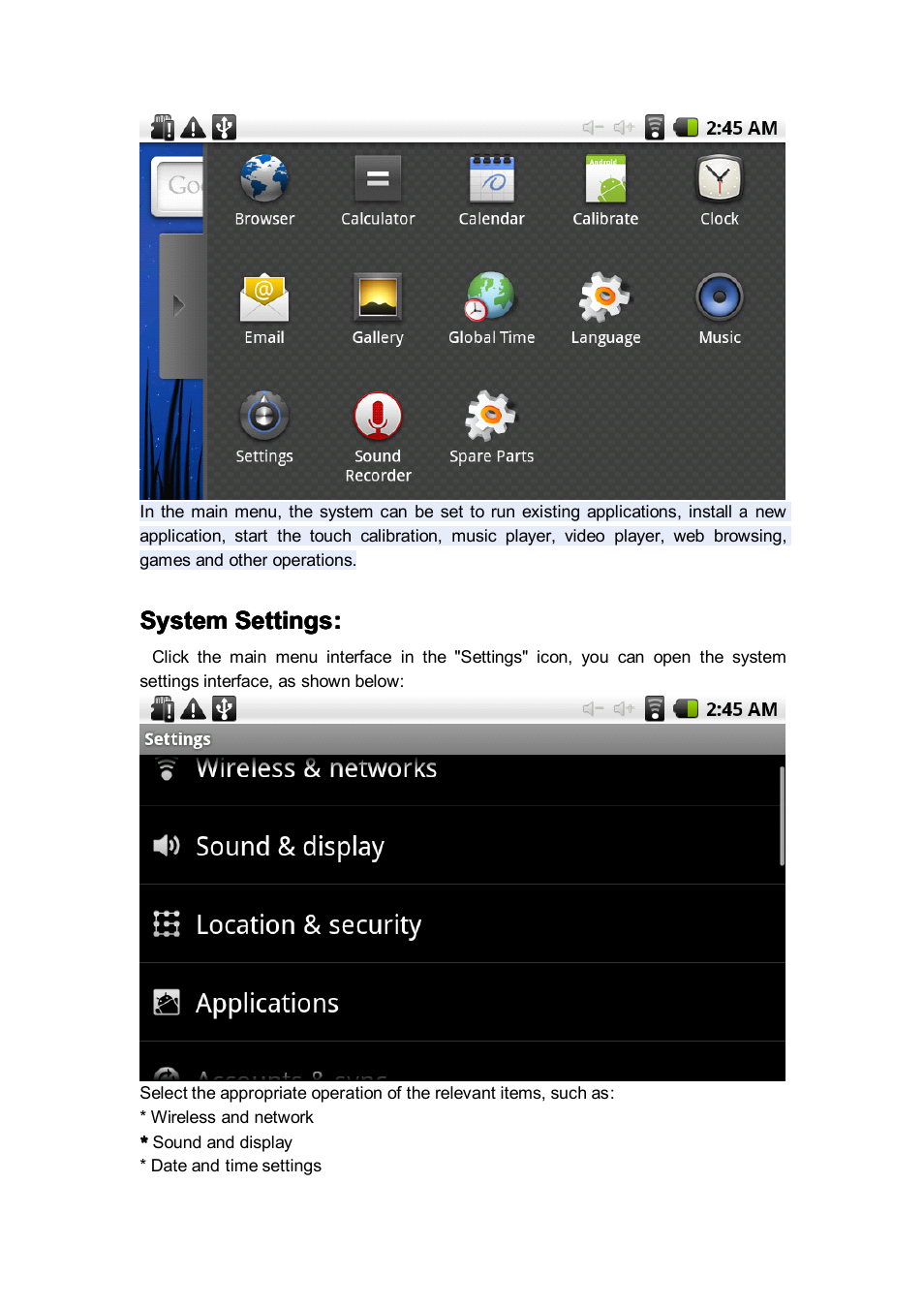 System, System system settings settings settings settings | Android MID M701 User Manual | Page 8 / 32