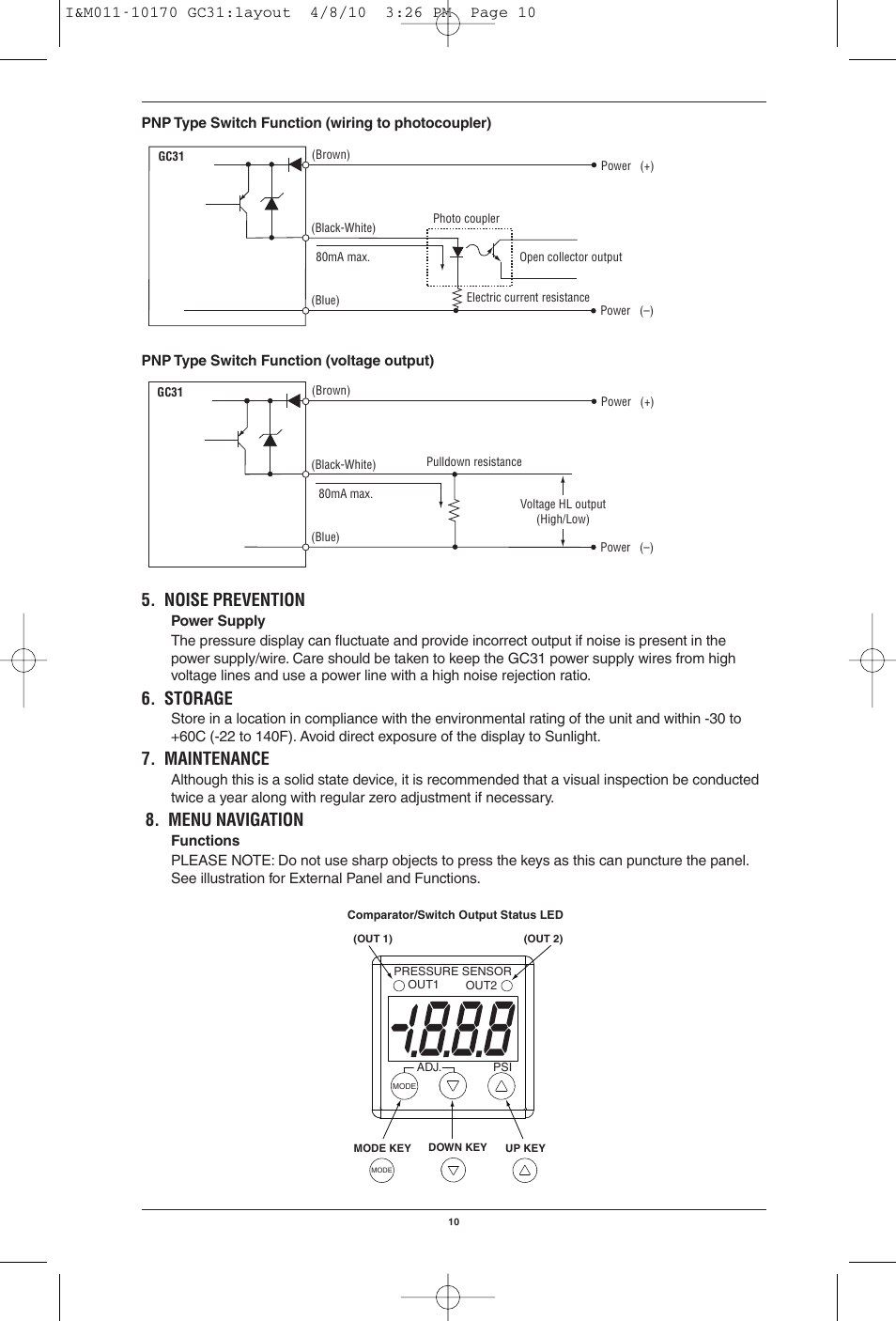 Noise prevention, Storage, Maintenance | Menu navigation | Ashcroft GC31 - Digital Pressure Sensor User Manual | Page 10 / 20