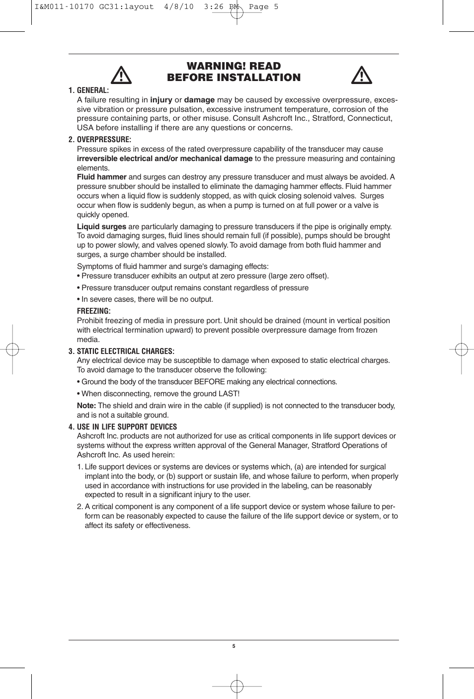 Ashcroft GC31 - Digital Pressure Sensor User Manual | Page 5 / 20