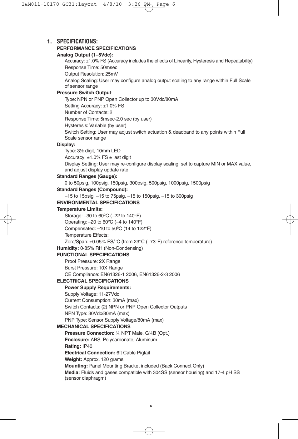 Ashcroft GC31 - Digital Pressure Sensor User Manual | Page 6 / 20