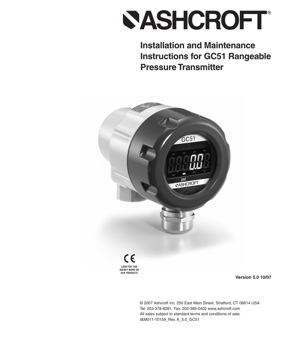Ashcroft GC51 - Industrial Rangeable Pressure Transmitter User Manual | 32 pages