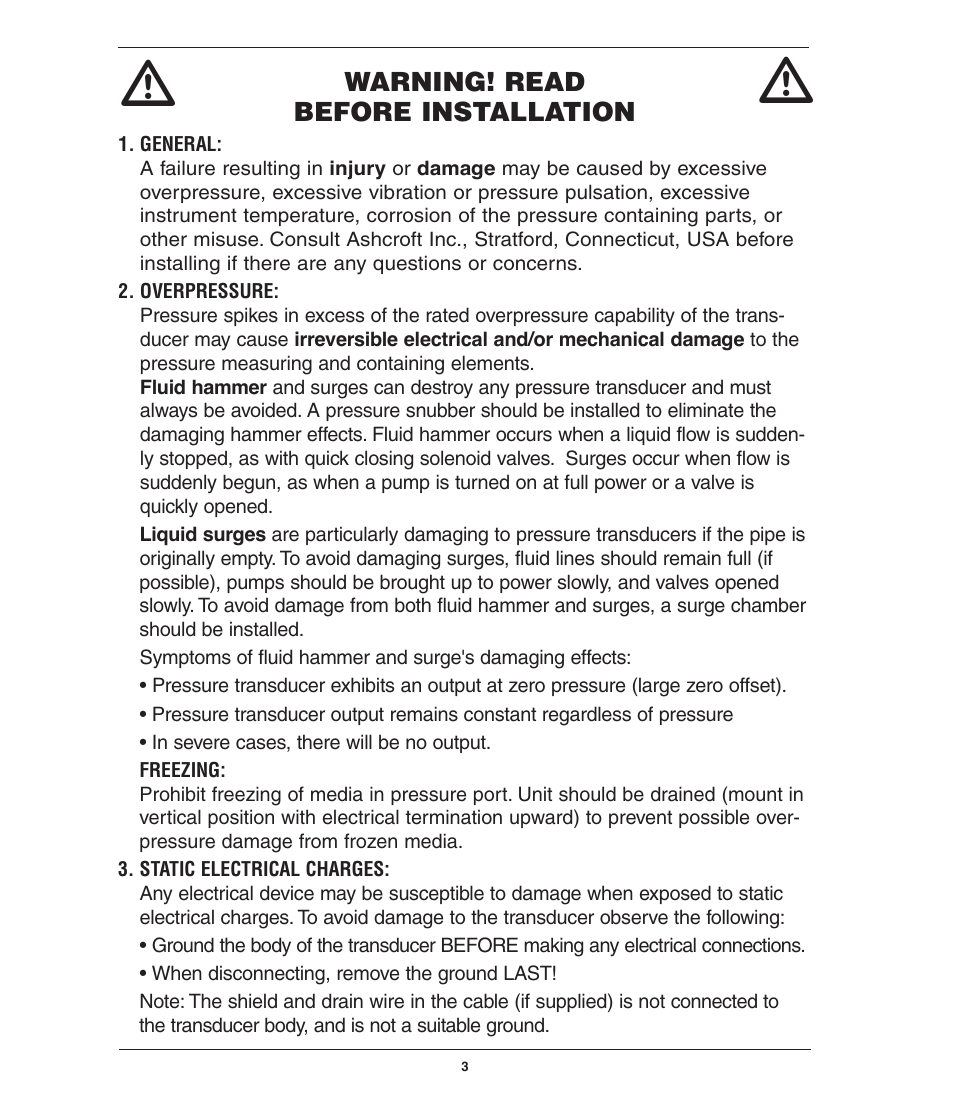 Warning! read before installation | Ashcroft GC55 - Differential Pressure Transducer with Digital Display User Manual | Page 3 / 24