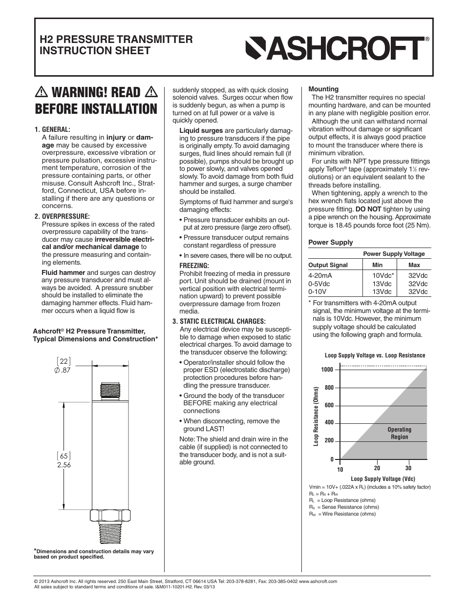 Ashcroft H2 - Precision Pressure Transducer User Manual | 2 pages