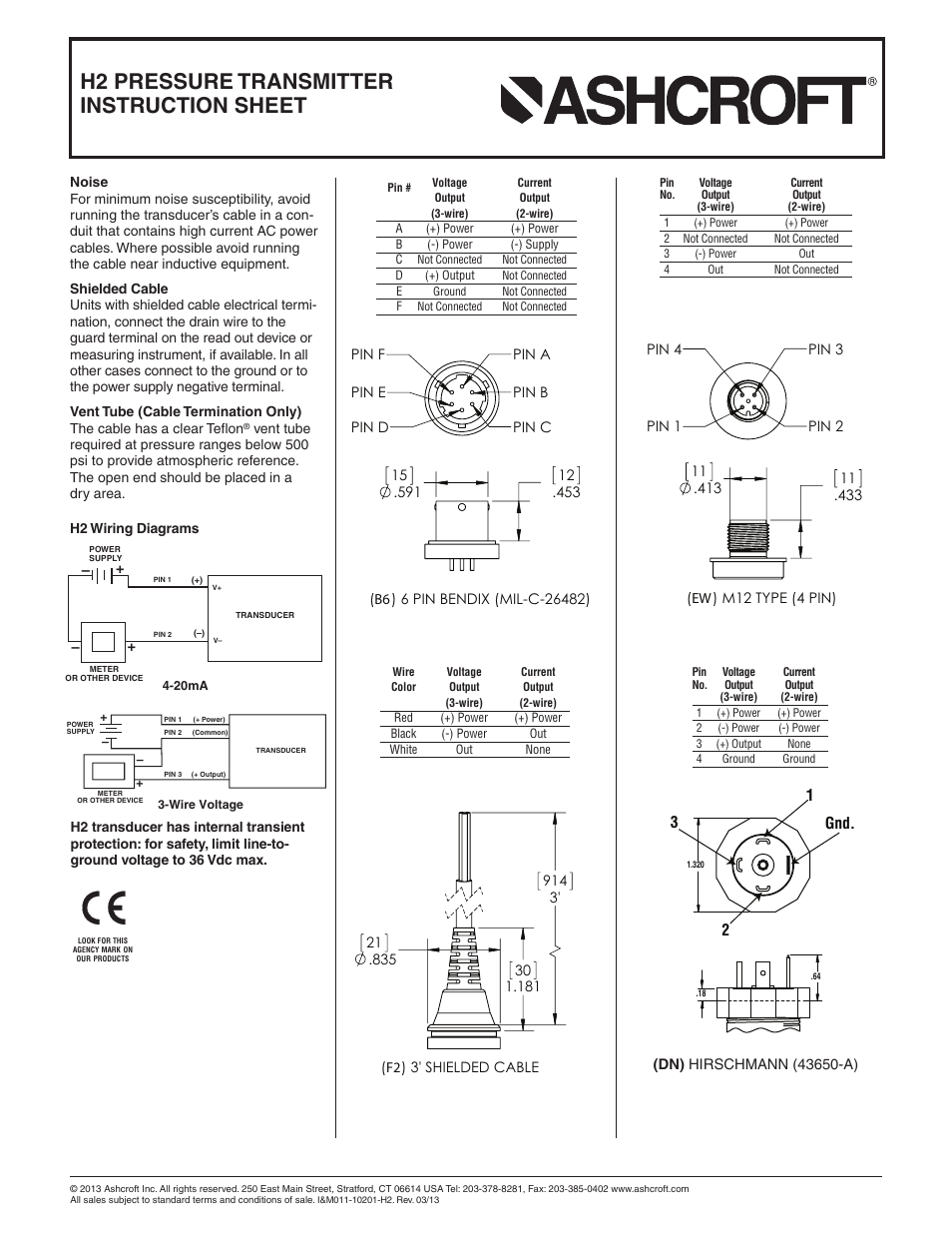H2 pressure transmitter instruction sheet | Ashcroft H2 - Precision Pressure Transducer User Manual | Page 2 / 2